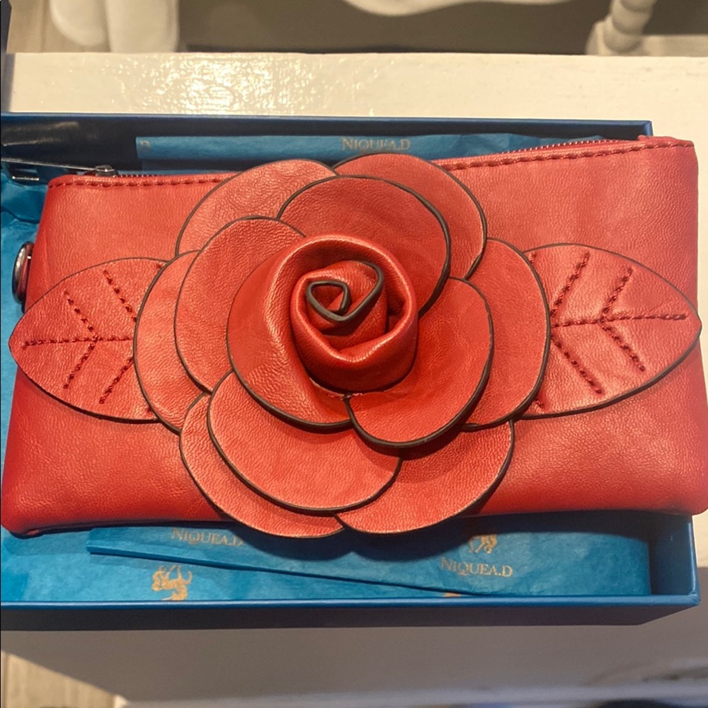 Red Floral Leather Clutch with Wristlet